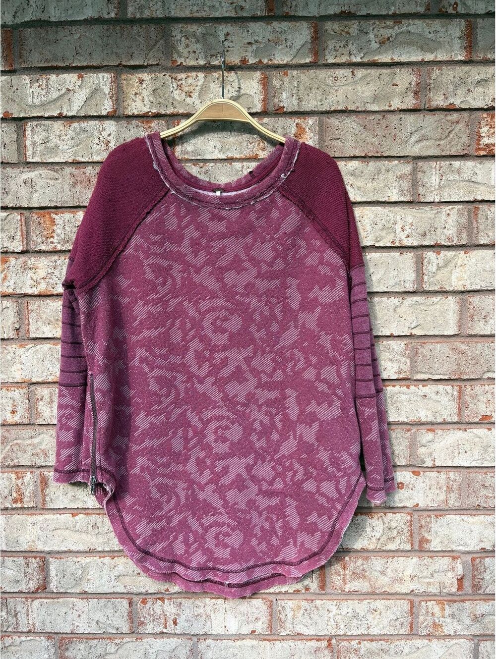Free People Merlot bed of roses jacquard side zip pullover sweater top Sz XS